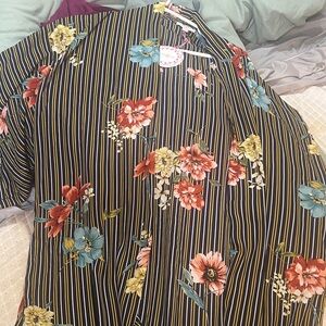 Umgee navy Striped Floral Kimono Cardigan with Orange Flowers